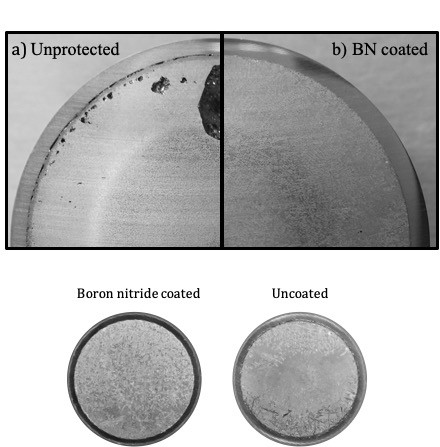 The phase change material of the latent heat storage system in cross section, with (left) and without (right) a boron nitride ceramic protective layer.