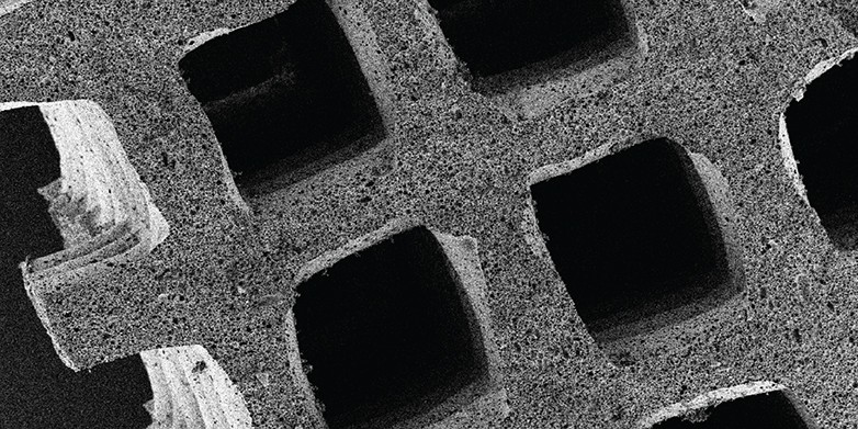 Under the electron microscope, the fine structure of the sorption material, which was produced using 3D printing, becomes visible: the pores of different sizes make the material much more efficient.