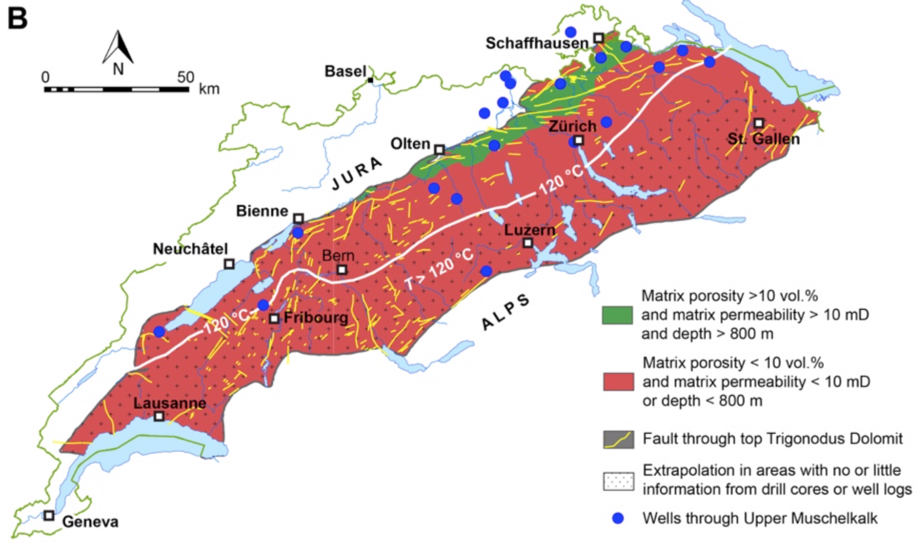 Adéquation des roches du Muschelkalk supérieur pour le stockage de CO<sub>2</sub>. Seule la zone en vert présente les caractéristiques requises